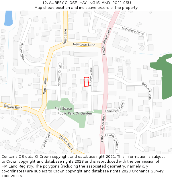 12, AUBREY CLOSE, HAYLING ISLAND, PO11 0SU: Location map and indicative extent of plot