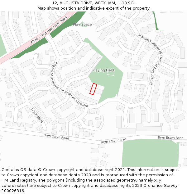 12, AUGUSTA DRIVE, WREXHAM, LL13 9GL: Location map and indicative extent of plot