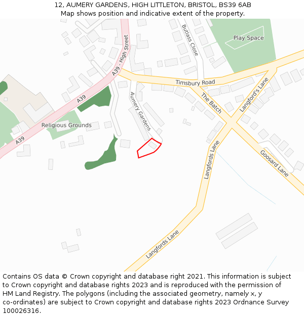 12, AUMERY GARDENS, HIGH LITTLETON, BRISTOL, BS39 6AB: Location map and indicative extent of plot