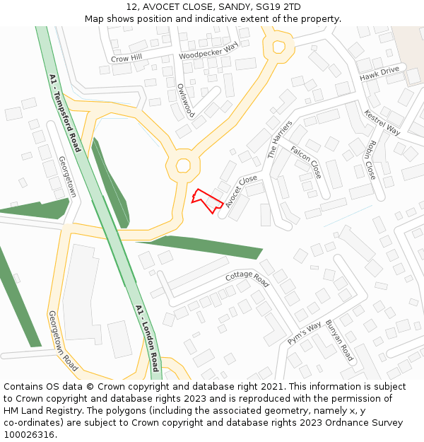 12, AVOCET CLOSE, SANDY, SG19 2TD: Location map and indicative extent of plot