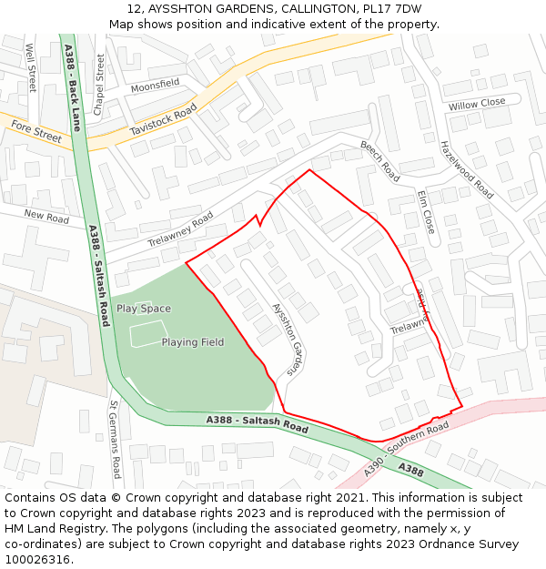 12, AYSSHTON GARDENS, CALLINGTON, PL17 7DW: Location map and indicative extent of plot