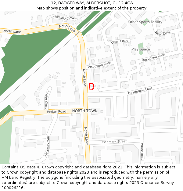 12, BADGER WAY, ALDERSHOT, GU12 4GA: Location map and indicative extent of plot