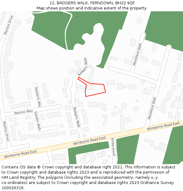 12, BADGERS WALK, FERNDOWN, BH22 9QF: Location map and indicative extent of plot