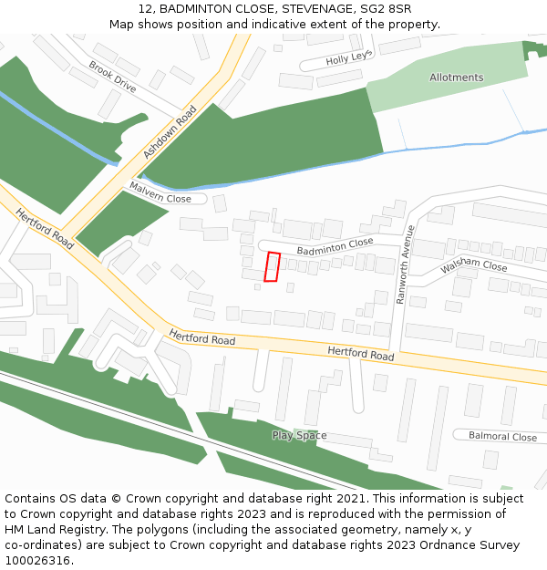 12, BADMINTON CLOSE, STEVENAGE, SG2 8SR: Location map and indicative extent of plot