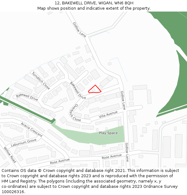 12, BAKEWELL DRIVE, WIGAN, WN6 8QH: Location map and indicative extent of plot