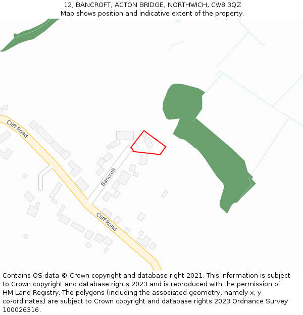 12, BANCROFT, ACTON BRIDGE, NORTHWICH, CW8 3QZ: Location map and indicative extent of plot