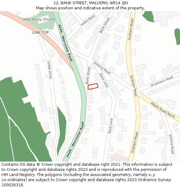 12, BANK STREET, MALVERN, WR14 2JN: Location map and indicative extent of plot