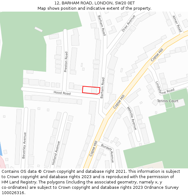 12, BARHAM ROAD, LONDON, SW20 0ET: Location map and indicative extent of plot