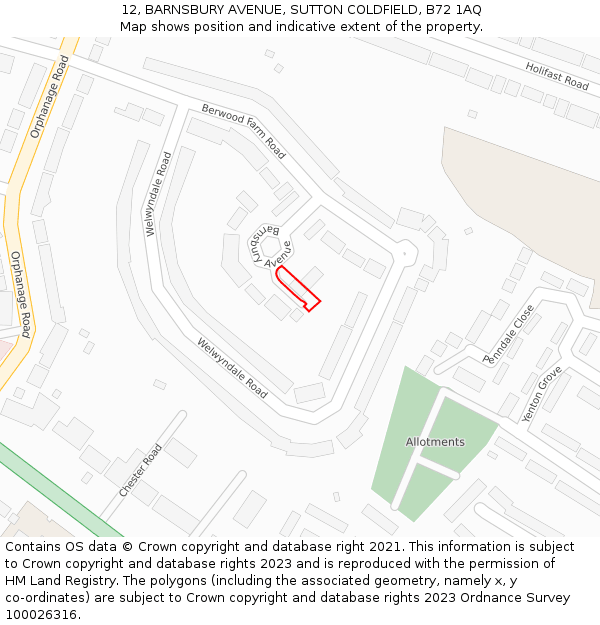 12, BARNSBURY AVENUE, SUTTON COLDFIELD, B72 1AQ: Location map and indicative extent of plot