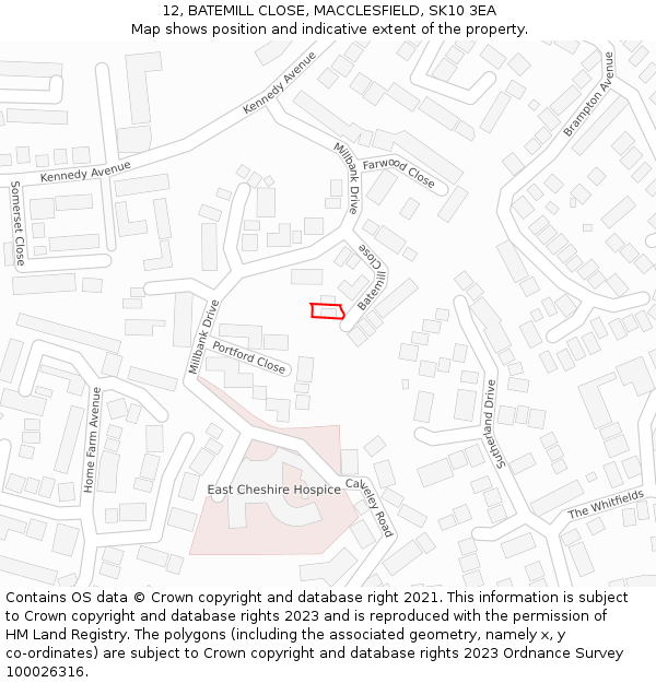 12, BATEMILL CLOSE, MACCLESFIELD, SK10 3EA: Location map and indicative extent of plot