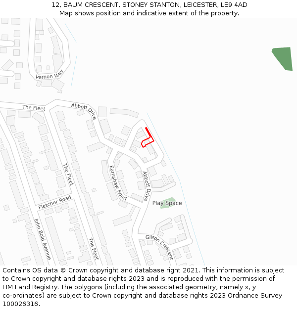 12, BAUM CRESCENT, STONEY STANTON, LEICESTER, LE9 4AD: Location map and indicative extent of plot