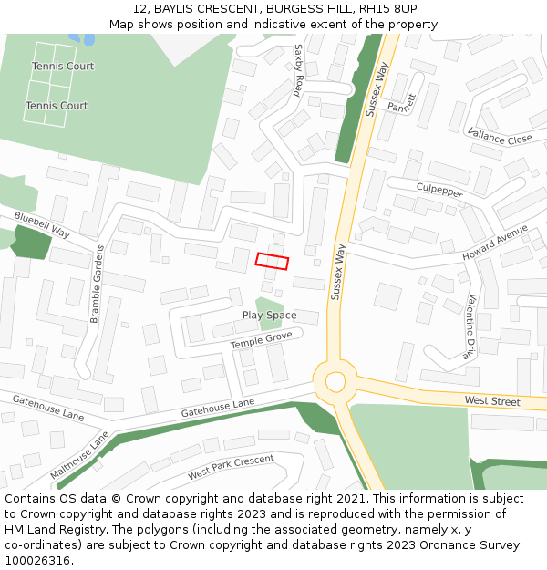 12, BAYLIS CRESCENT, BURGESS HILL, RH15 8UP: Location map and indicative extent of plot