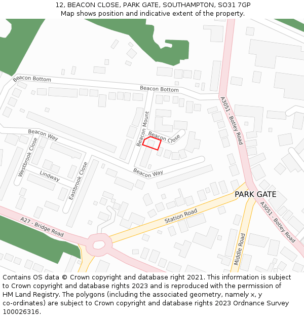 12, BEACON CLOSE, PARK GATE, SOUTHAMPTON, SO31 7GP: Location map and indicative extent of plot