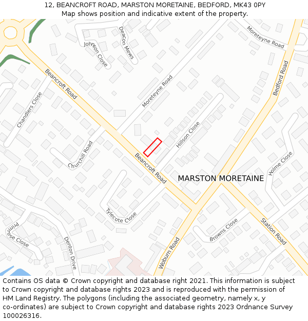 12, BEANCROFT ROAD, MARSTON MORETAINE, BEDFORD, MK43 0PY: Location map and indicative extent of plot