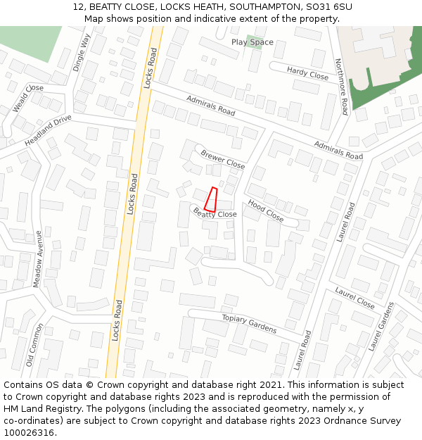 12, BEATTY CLOSE, LOCKS HEATH, SOUTHAMPTON, SO31 6SU: Location map and indicative extent of plot