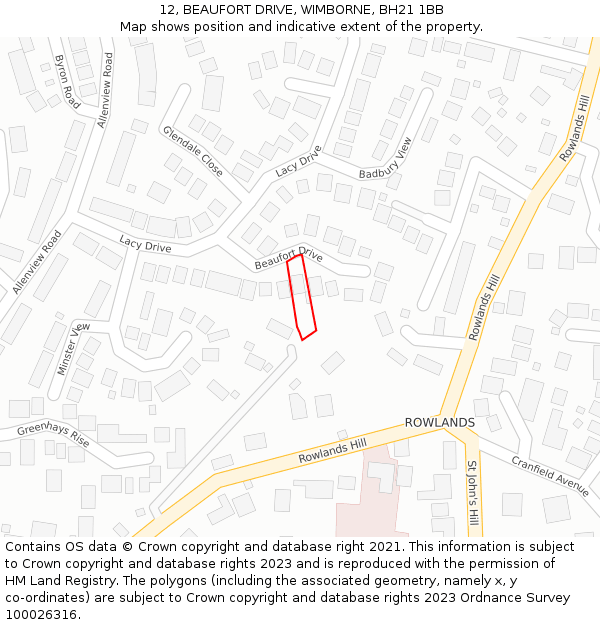 12, BEAUFORT DRIVE, WIMBORNE, BH21 1BB: Location map and indicative extent of plot