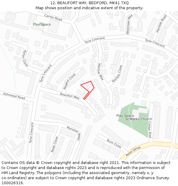 12, BEAUFORT WAY, BEDFORD, MK41 7XQ: Location map and indicative extent of plot