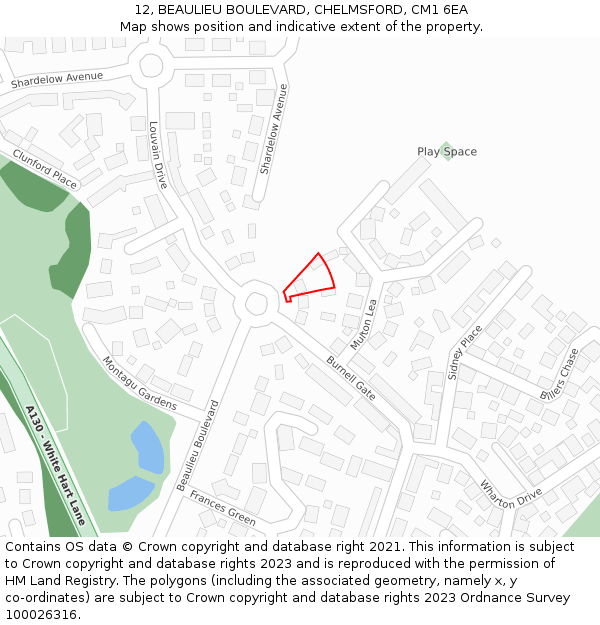 12, BEAULIEU BOULEVARD, CHELMSFORD, CM1 6EA: Location map and indicative extent of plot