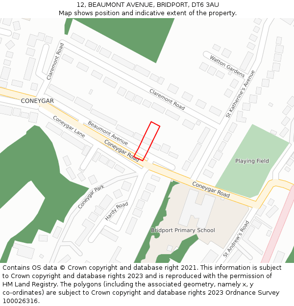 12, BEAUMONT AVENUE, BRIDPORT, DT6 3AU: Location map and indicative extent of plot