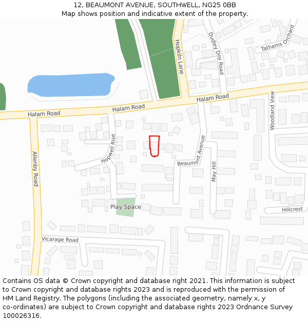 12, BEAUMONT AVENUE, SOUTHWELL, NG25 0BB: Location map and indicative extent of plot