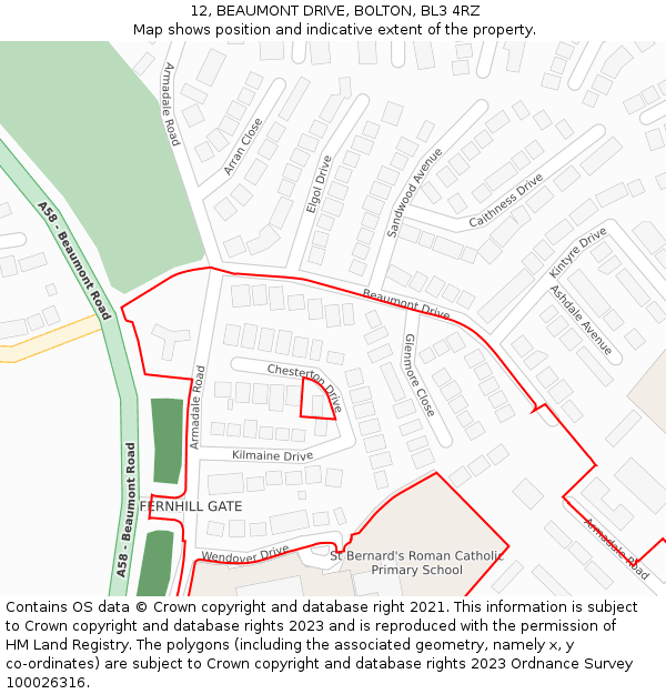 12, BEAUMONT DRIVE, BOLTON, BL3 4RZ: Location map and indicative extent of plot