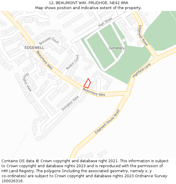 12, BEAUMONT WAY, PRUDHOE, NE42 6RA: Location map and indicative extent of plot