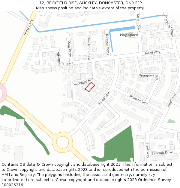 12, BECKFIELD RISE, AUCKLEY, DONCASTER, DN9 3FP: Location map and indicative extent of plot