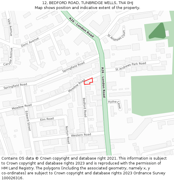 12, BEDFORD ROAD, TUNBRIDGE WELLS, TN4 0HJ: Location map and indicative extent of plot