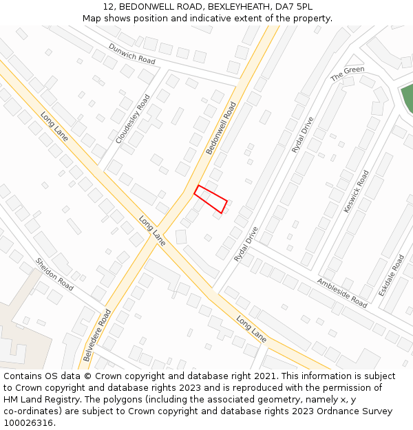 12, BEDONWELL ROAD, BEXLEYHEATH, DA7 5PL: Location map and indicative extent of plot