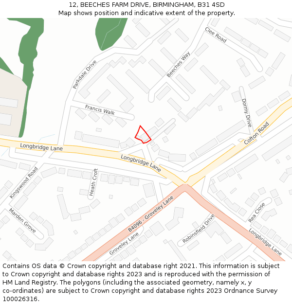 12, BEECHES FARM DRIVE, BIRMINGHAM, B31 4SD: Location map and indicative extent of plot