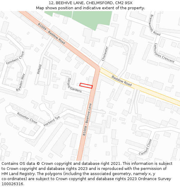 12, BEEHIVE LANE, CHELMSFORD, CM2 9SX: Location map and indicative extent of plot