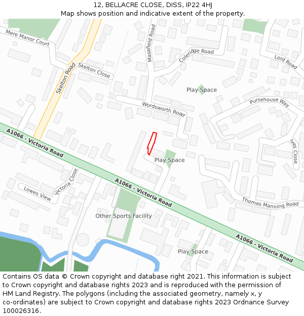 12, BELLACRE CLOSE, DISS, IP22 4HJ: Location map and indicative extent of plot