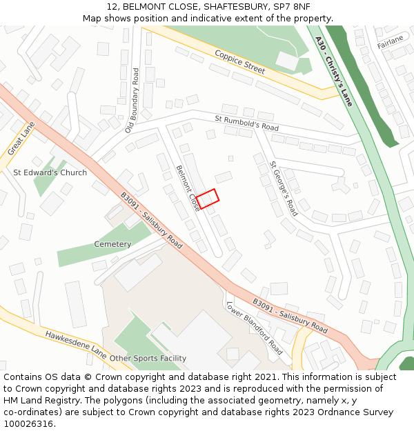 12, BELMONT CLOSE, SHAFTESBURY, SP7 8NF: Location map and indicative extent of plot