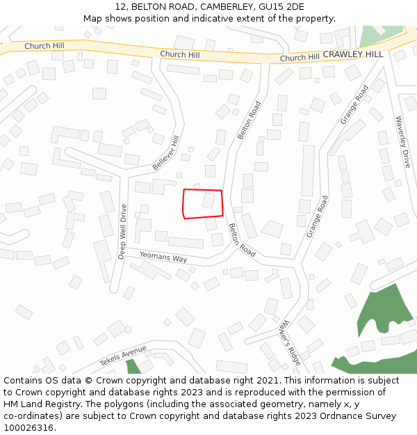 12, BELTON ROAD, CAMBERLEY, GU15 2DE: Location map and indicative extent of plot