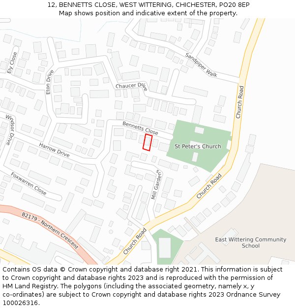 12, BENNETTS CLOSE, WEST WITTERING, CHICHESTER, PO20 8EP: Location map and indicative extent of plot