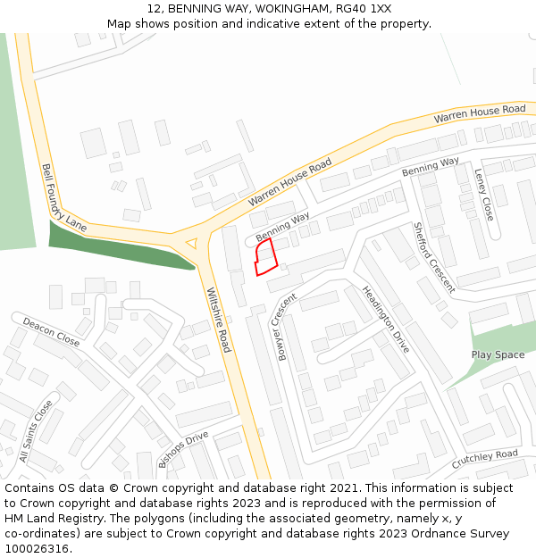 12, BENNING WAY, WOKINGHAM, RG40 1XX: Location map and indicative extent of plot