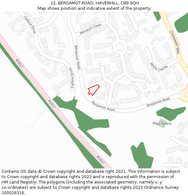 12, BERGAMOT ROAD, HAVERHILL, CB9 9QH: Location map and indicative extent of plot