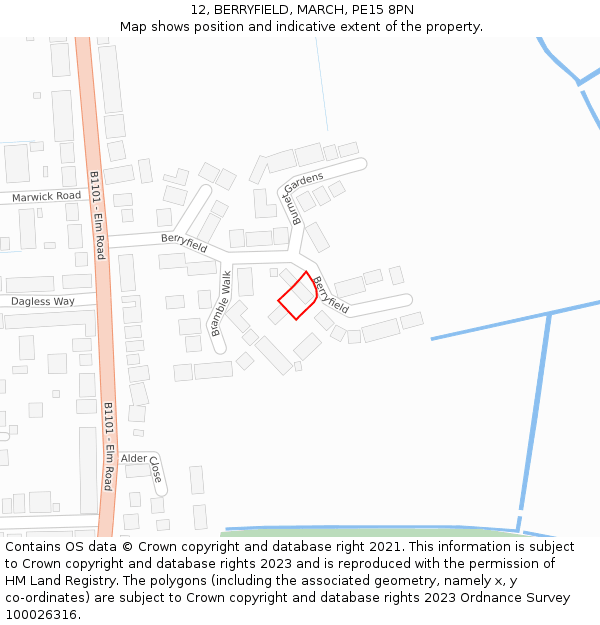 12, BERRYFIELD, MARCH, PE15 8PN: Location map and indicative extent of plot