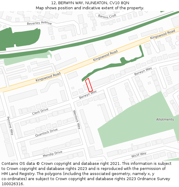 12, BERWYN WAY, NUNEATON, CV10 8QN: Location map and indicative extent of plot