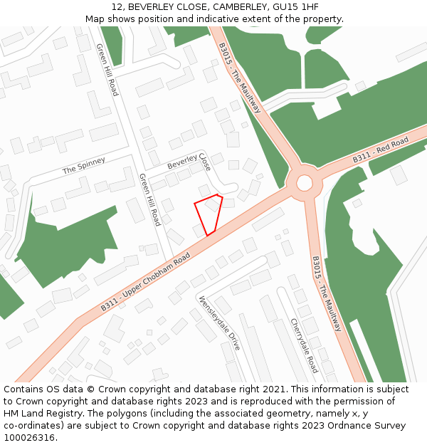 12, BEVERLEY CLOSE, CAMBERLEY, GU15 1HF: Location map and indicative extent of plot