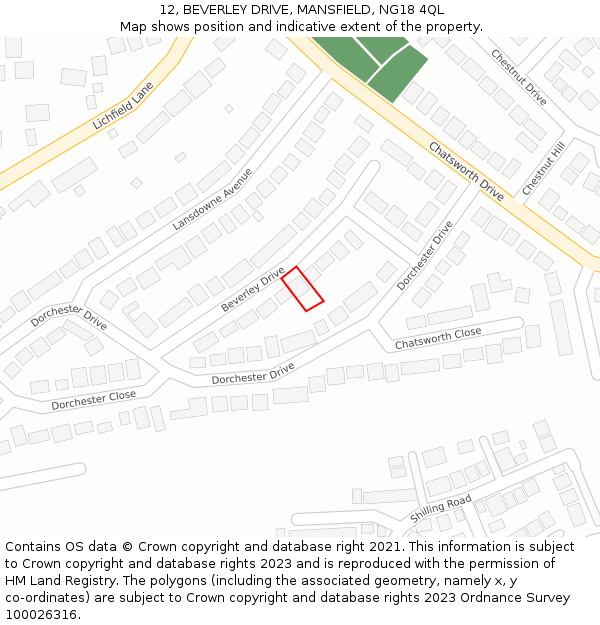 12, BEVERLEY DRIVE, MANSFIELD, NG18 4QL: Location map and indicative extent of plot