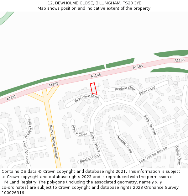 12, BEWHOLME CLOSE, BILLINGHAM, TS23 3YE: Location map and indicative extent of plot