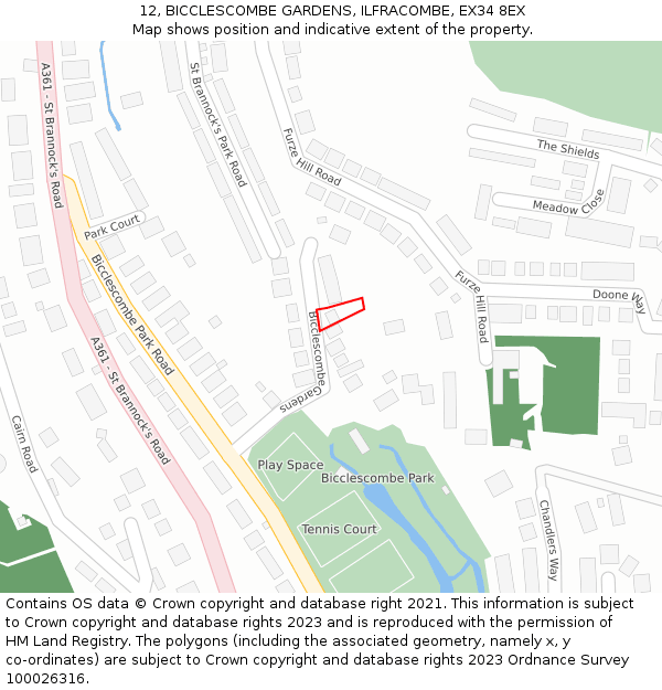 12, BICCLESCOMBE GARDENS, ILFRACOMBE, EX34 8EX: Location map and indicative extent of plot