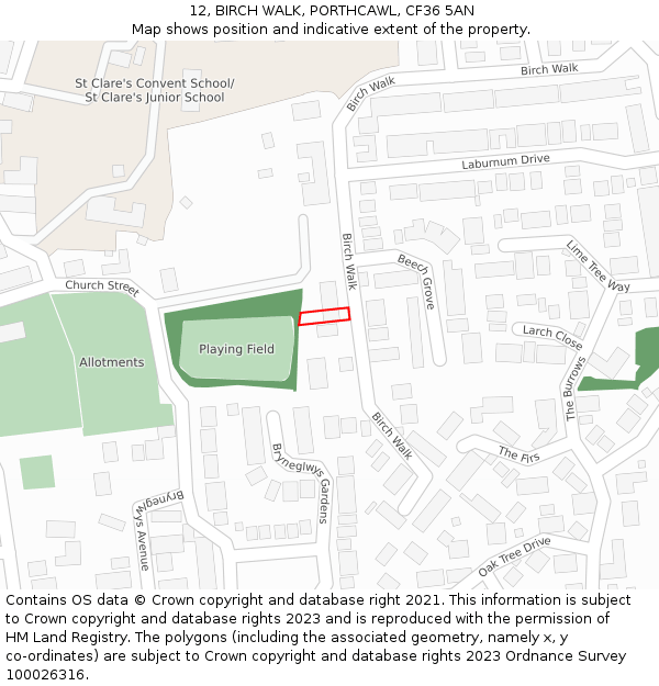 12, BIRCH WALK, PORTHCAWL, CF36 5AN: Location map and indicative extent of plot