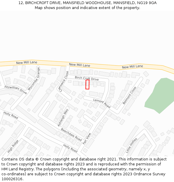 12, BIRCHCROFT DRIVE, MANSFIELD WOODHOUSE, MANSFIELD, NG19 9GA: Location map and indicative extent of plot