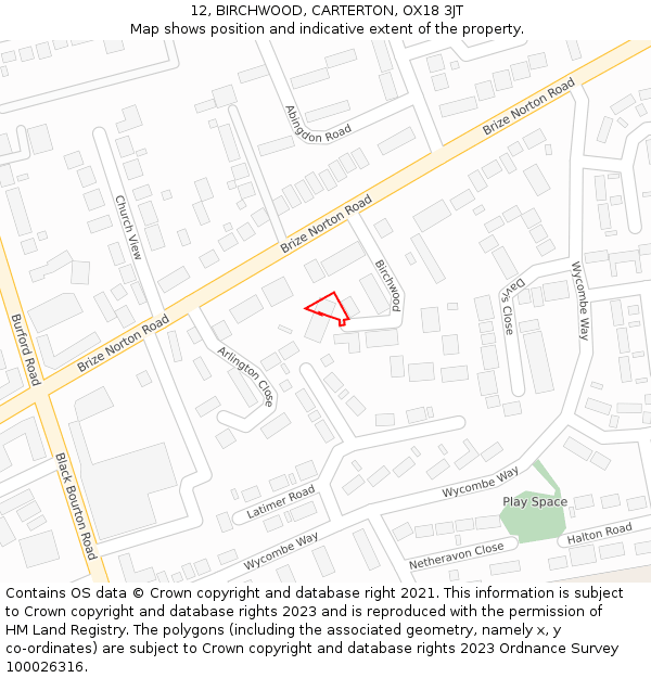 12, BIRCHWOOD, CARTERTON, OX18 3JT: Location map and indicative extent of plot