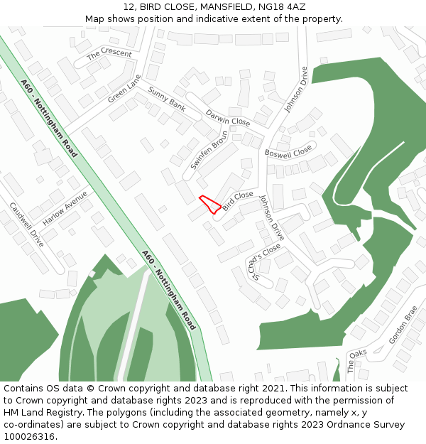 12, BIRD CLOSE, MANSFIELD, NG18 4AZ: Location map and indicative extent of plot