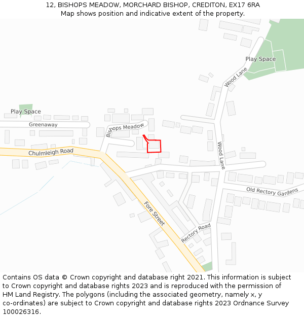 12, BISHOPS MEADOW, MORCHARD BISHOP, CREDITON, EX17 6RA: Location map and indicative extent of plot