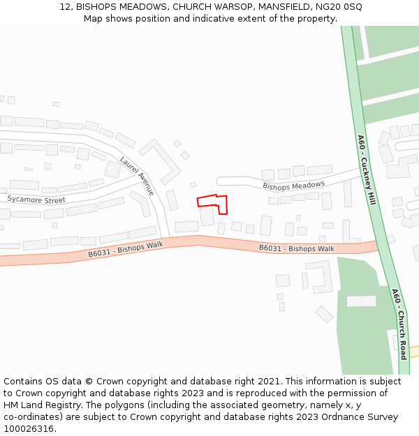 12, BISHOPS MEADOWS, CHURCH WARSOP, MANSFIELD, NG20 0SQ: Location map and indicative extent of plot