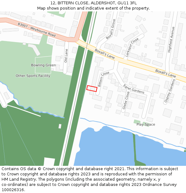 12, BITTERN CLOSE, ALDERSHOT, GU11 3FL: Location map and indicative extent of plot